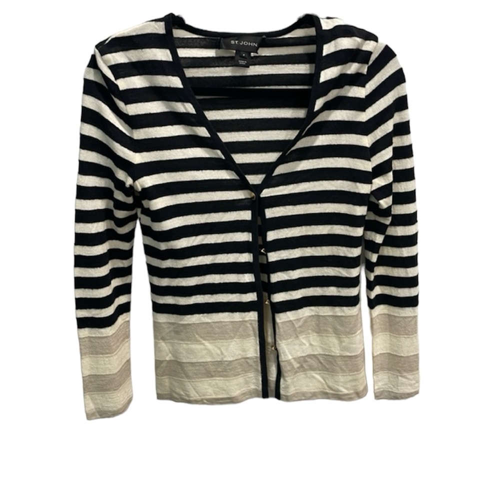Vintage St. John wool black cream gold quiet luxury striped preppy cardigan P